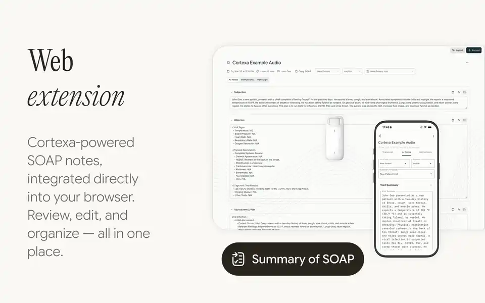 CortexaNote clinical note interface used as vocabulary release proof media.